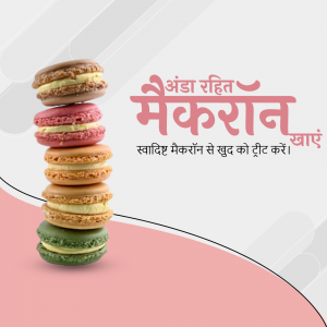 A stack of colorful eggless macarons with Hindi text promoting the product.