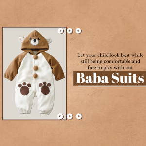 A cute baby wearing a brown and white bear onesie with paw prints.