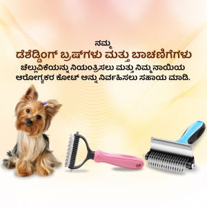 Yorkie dog with a grooming brush and deshedding tool