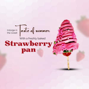 Close-up of a pink strawberry pan dessert with a strawberry and sprinkles.