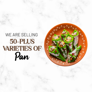 A plate of colorful Pan (betel leaf preparation) with text advertising 50+ varieties.