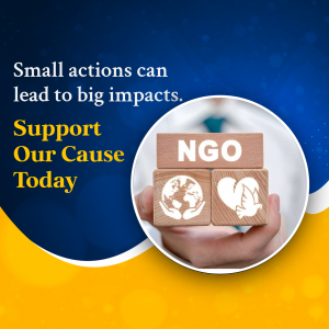 Hand holding wooden blocks with NGO letters and symbols representing global support and compassion.