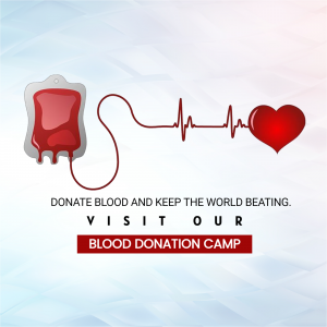 Image depicting a blood bag, heartbeat line, and heart with text promoting blood donation.