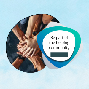 Hands stacked together in a circle with a teal and blue graphic and text.