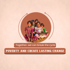Group of children smiling and looking at a laptop with text about breaking the cycle of poverty.