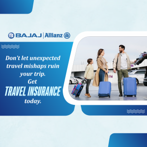 Family traveling with luggage and a travel insurance advertisement.
