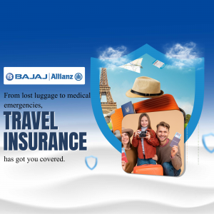 Travel insurance advertisement featuring a family and travel landmarks.