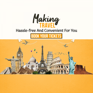 Travel advertisement with landmarks and a call to action to book tickets.