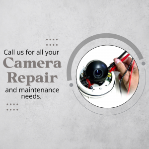 Camera repair service advertisement with a technician working on a security camera.