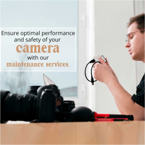 Man inspecting camera with tools, promoting camera maintenance services.