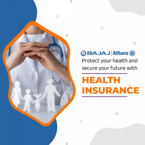 Image promoting Bajaj Allianz Health Insurance with a doctor and family silhouette.