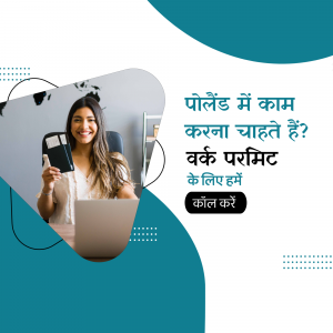 Woman holding a tablet with text in Hindi about working in Poland and visa requirements.