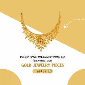 Close-up of a beautiful gold necklace with intricate detailing on a yellow background.