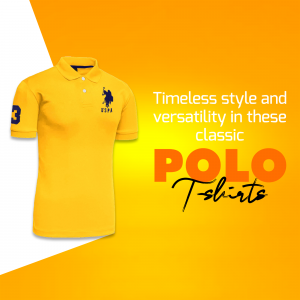 A yellow U.S. Polo Assn. polo shirt with the brand logo and text promoting 'Polo Shirts'.