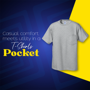 Gray pocket t-shirt on a blue and yellow background with text promoting comfort and utility.