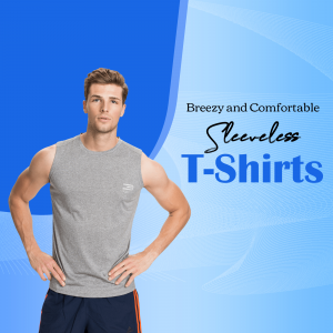 Man wearing a grey sleeveless t-shirt with a blue and white background.