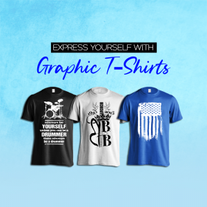 Three graphic t-shirts - black, white, and blue - with unique designs.