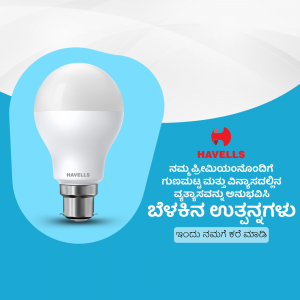 Havells LED bulb on a blue background with Kannada text