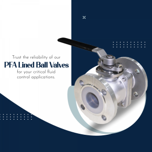 Close-up of a PFA lined ball valve with a silver and white finish against a blue background.
