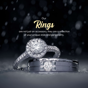 Close-up of diamond rings with text 'Our Rings are not just an accessory'