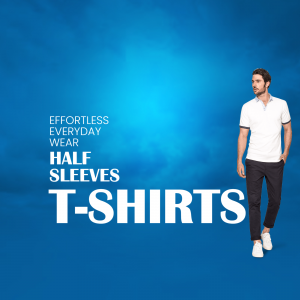 Man wearing a white half-sleeve t-shirt and dark pants against a blue gradient background with text promoting t-shirts.