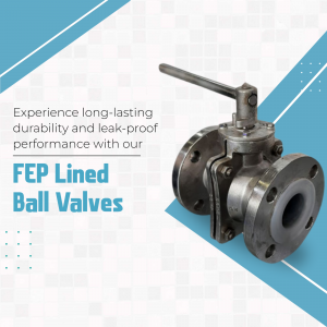 Close-up of a silver FEP lined ball valve with blue and white background.