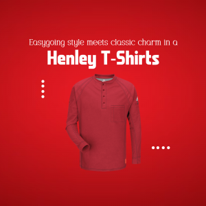 Close-up of a maroon Henley T-shirt against a red background with text promoting the style.