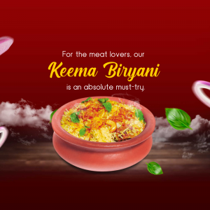 A vibrant promotional image of Keema Biryani served in an earthen pot.