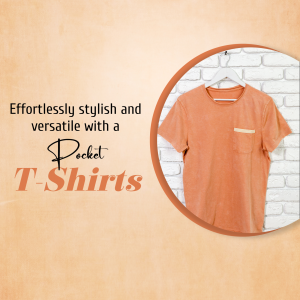 Orange pocket t-shirt hanging on a hanger against a brick wall