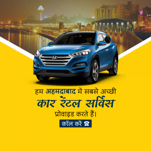 Blue Hyundai Tucson parked on a bridge with city lights in the background, advertising car rental services in Ahmedabad.
