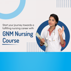 A young woman in a nurse's uniform holding a book and giving a thumbs up, promoting a GNM Nursing Course.