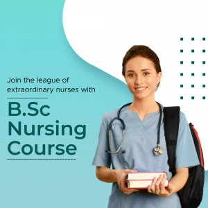 Image of a smiling female nurse promoting a B.Sc Nursing course.