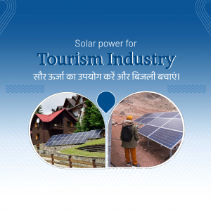 Image showcasing solar power applications in the tourism industry with a house and solar panel installation.