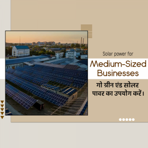 Aerial view of solar panels on a factory roof with text promoting solar power for businesses.