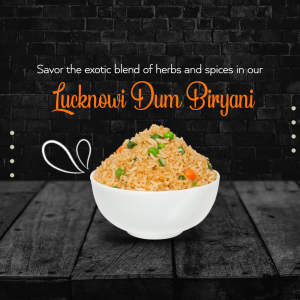 A bowl of Lucknowi Dum Biryani presented against a dark brick wall background.