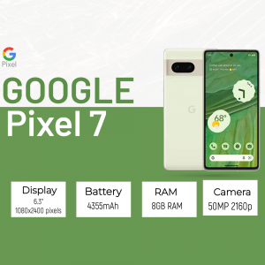 Google Pixel 7 smartphone with key specifications displayed