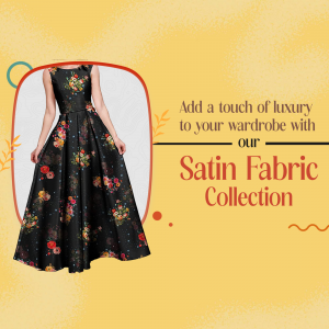 A woman wearing a black floral satin dress, promoting a satin fabric collection.