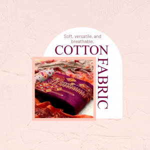 Image of folded cotton fabric with text highlighting its qualities.