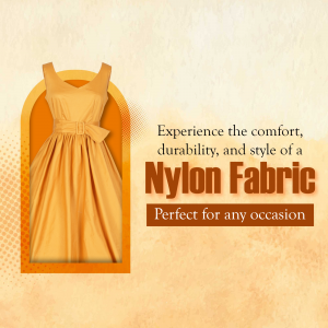 Yellow nylon fabric dress on a textured background with promotional text.