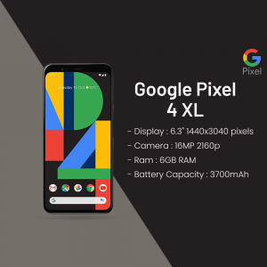 Google Pixel 4 XL smartphone with specifications displayed