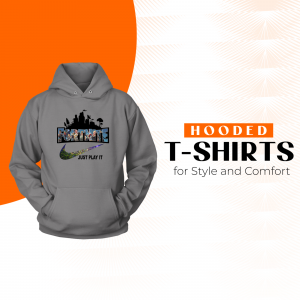 Gray hooded t-shirt with Fortnite graphic