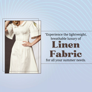 Woman wearing a white linen dress with text promoting linen fabric.