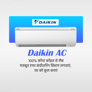 Daikin air conditioner with promotional text in Hindi