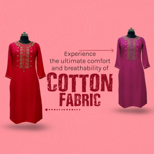 Two cotton kurtis in red and purple with text promoting cotton fabric.