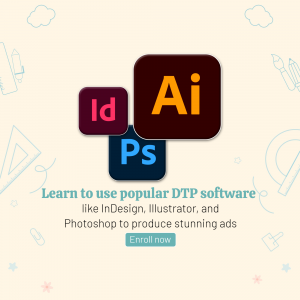 Adobe Illustrator, Photoshop, and InDesign icons with text promoting learning DTP software.