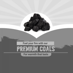 Pile of black coal on a gray and white background with text promoting premium coals