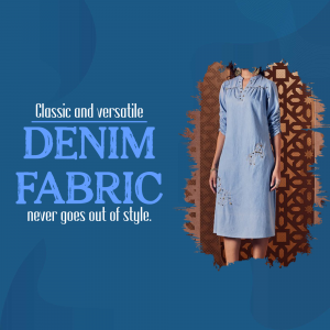 Woman wearing a light blue denim dress with abstract background.