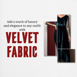 Image of a woman wearing a dark green velvet dress with text promoting velvet fabric.
