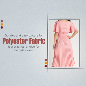 Woman wearing a pink polyester dress with text highlighting the fabric's durability and ease of care.