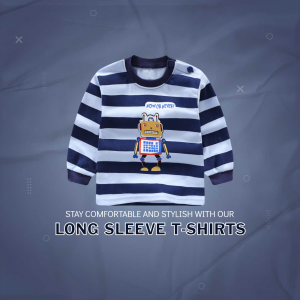 Blue and white striped long sleeve t-shirt with a robot graphic for kids